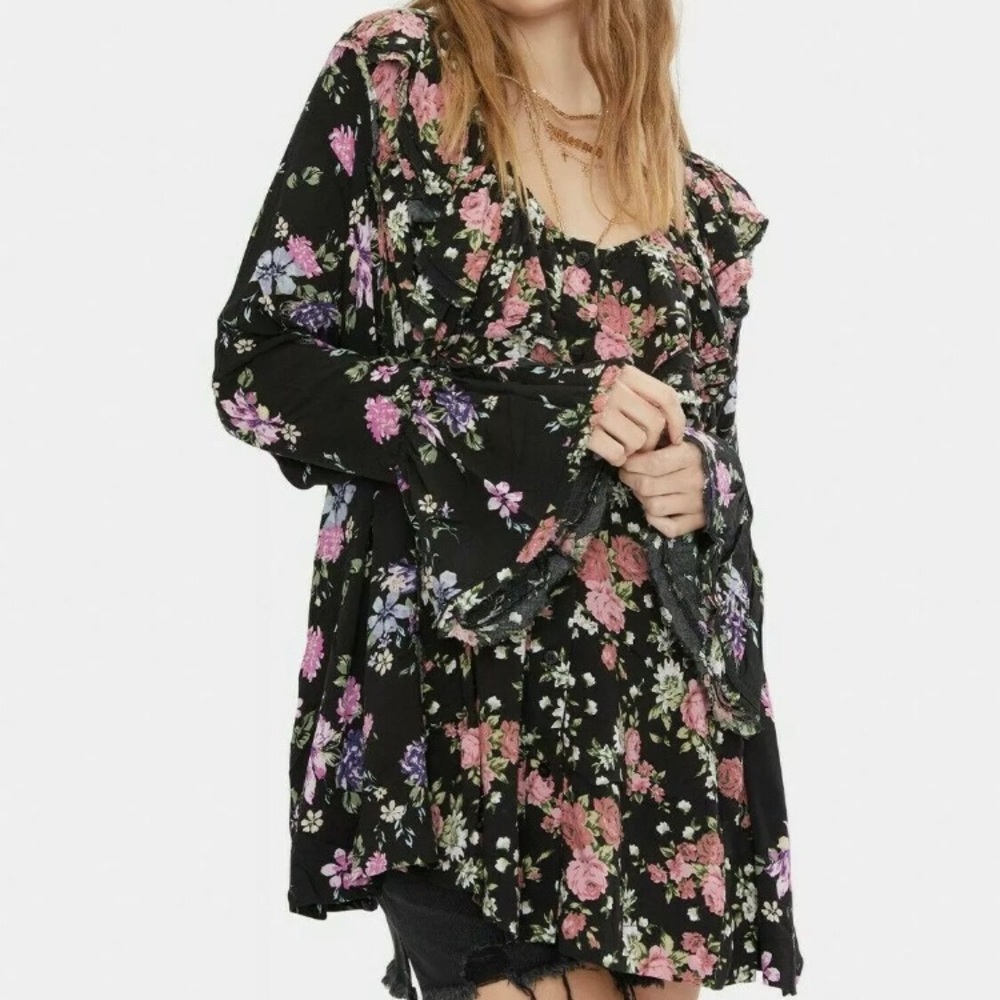 FREE PEOPLE LORETTA PRINTED TUNIC TOP SIZE SMALL NWT OVERSIZED FLORAL TOP